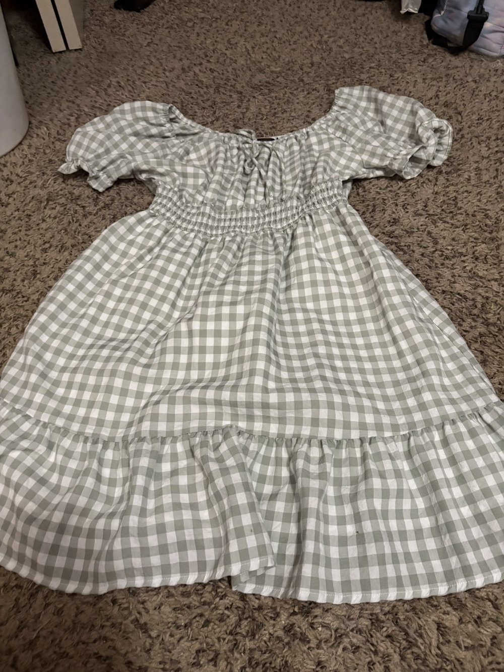 Womens' Gingham Puff-Sleeve Dress in Light Sage
